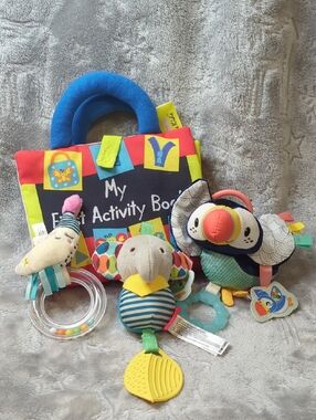 Activity Book & Mixed Brands Sensory Crib Toy Lot of 4 Crinkle Rattle,Teething